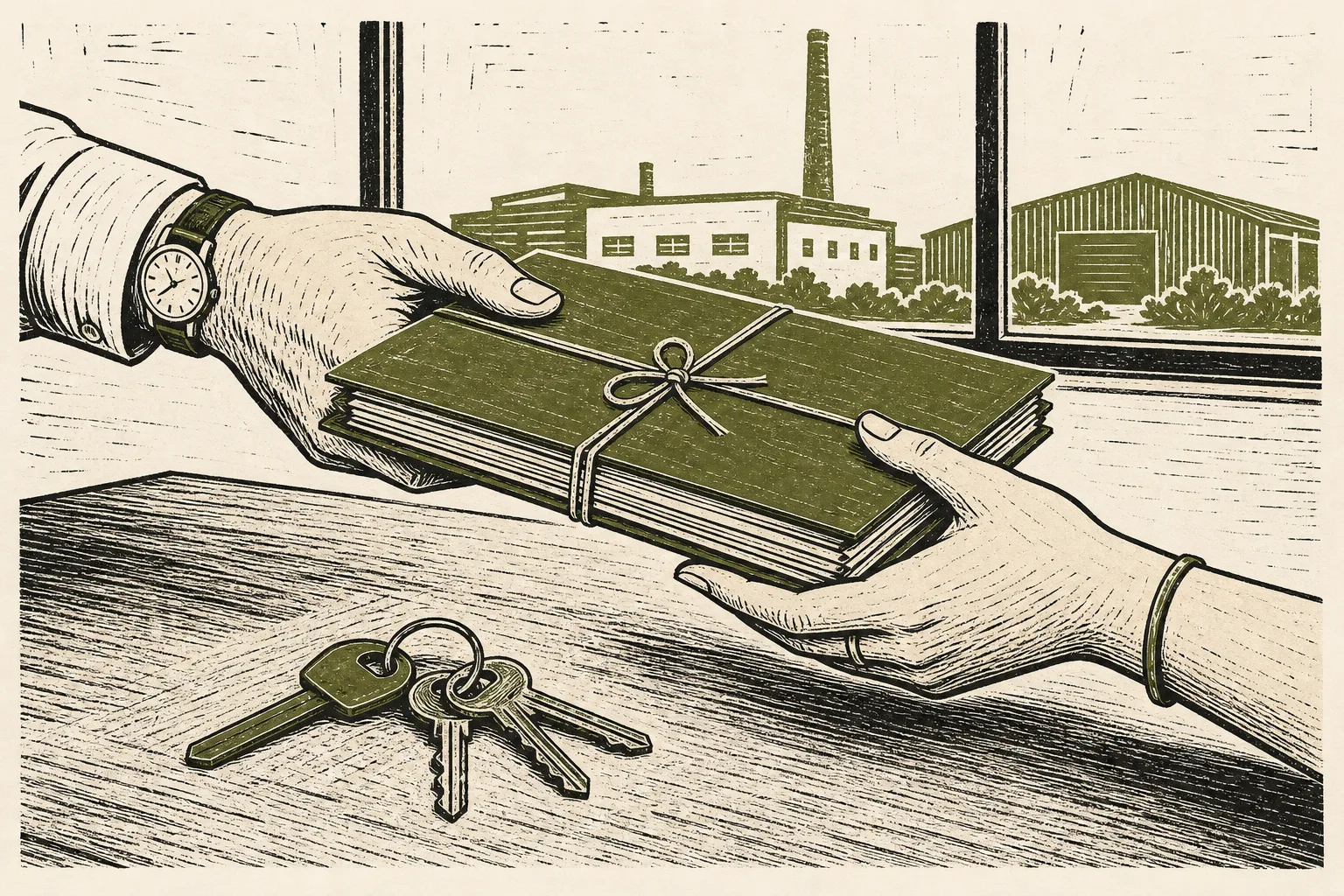 A linocut of a tied file of accounts handed from one person to another, a workshop beyond the window.