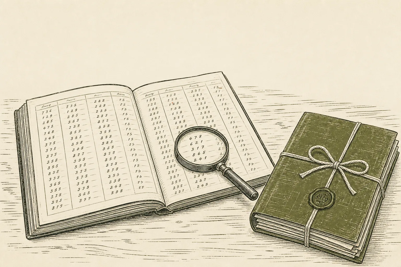 A linocut of a company's open ledger with a magnifying glass over the figures, a tied file of accounts beside it.
